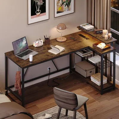 Image de Bureau d'angle - Bureau en L - Bureau informatique - Bureau de travail - Bureau gaming - 147 cm - Éclairage LED RGB