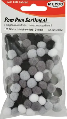 Produktbild von Meyco Pom Pom schwarz weiß und grau sortiert 120 Stück in 10mm