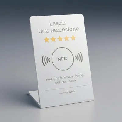 NFC-Bord für Bewertungen, weiß PVC 105x70 mm, Tischaufsteller