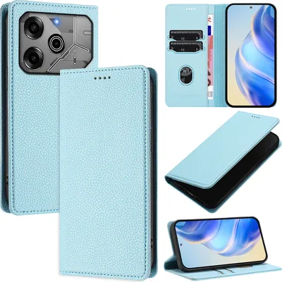Produktbild von Litchi Leder Handyhülle für Tecno Spark 6 Go/Spark Go 2020/Spark Go 2021 Wallet Kartenfächer Standfunktion Hülle Hellblau