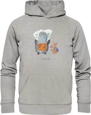 Produktbild von Mr. & Mrs. Panda Bio Hoodie Pinguin & Maus Wanderer Größe XL - Heather Grey - Geschenk, Pulli, Roadtrip, Sweatshirt, Baumwollpullover, Wandern, Kapuzenpulli, Abenteuer