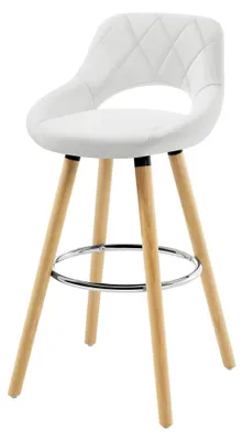 Produktbild von Barhocker mit Rückenlehne und Fußstütze aus Holz und Kunstleder, Weiß