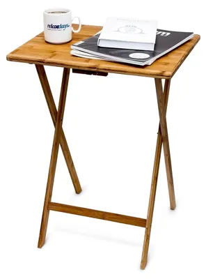 Obrázek produktu pro TRANKIELO® - Skládací přenosný stolek - Úsporný a robustní - Přírodní bambusový stolek na telefon, rozměry 63x48x38,5 cm