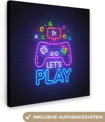 Produktbild von MuchoWow® - Leinwandbilder - Spiele - Neon - Let's Play - Controller - Zitate, Wandbild, Wanddeko Bilder Wohnzimmer, 20x20 cm