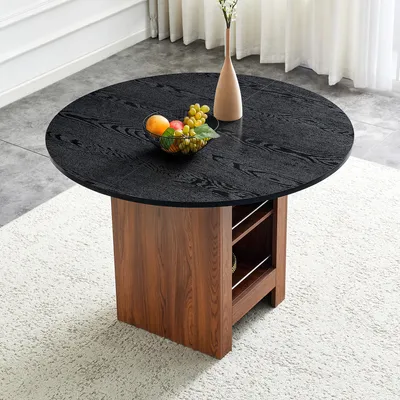 Produktbild von Moderner runder Esstisch Ø 100 cm mit Stauraumregal – Walnuss-Holzmaserung und schwarzer Metallrahmen, Esszimmertisch für 2-4 Personen, ideal für Küche und kleine Räume