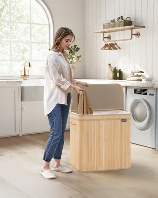 Obrázek produktu pro SONGMICS Koš na prádlo s víkem, bambusový koš na prádlo, vyjímatelný sáček na prádlo