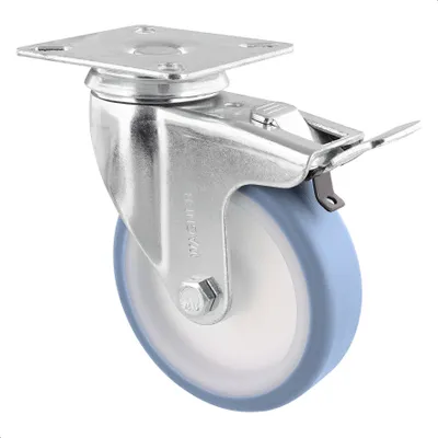 Zdjęcie produktu dla Zestaw kołowy skrętny miękki WAGNER - Ø 100 mm, stal ocynkowana, niebieski / biały, hamulec, płytka przykręcana, nośność 75 kg - 03370001