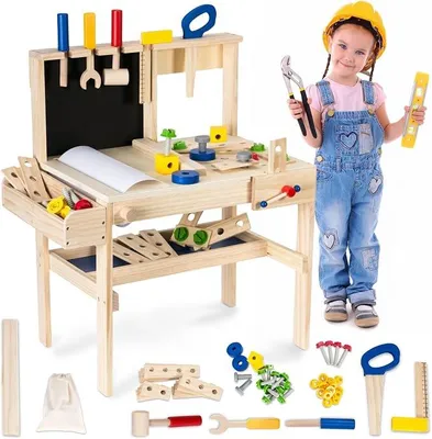 Imagen del producto de Banco de trabajo de madera para niños con accesorios – Juguete educativo a partir de 3 años – Banco de trabajo infantil con tornillo de banco, herramientas y pizarra – Banco de herramientas para niños y niñas