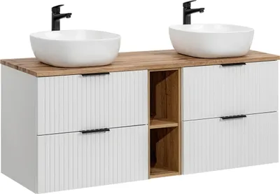 Produktbild von Doppelwaschtisch 140cm mit 2 Aufsatzwaschbecken, weiß mit gerillter Front und Eiche Nb., ADELAIDE-56-WHITE