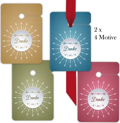 Produktbild von 8 edle Dankes Geschenkanhänger Tags mit Pfeilen in 4 Farben: Danke