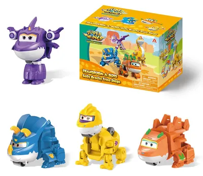 Produktbild von Super Wings Transforming Figuren 4 Pack, 5 cm Sally, Steggo, Trico & Brachy, Roboter zu Flugzeug, Spielzeug ab 3 Jahren, Batteriefrei Sicherer ABS-Kunststoff, Action-Figuren zum Sammeln