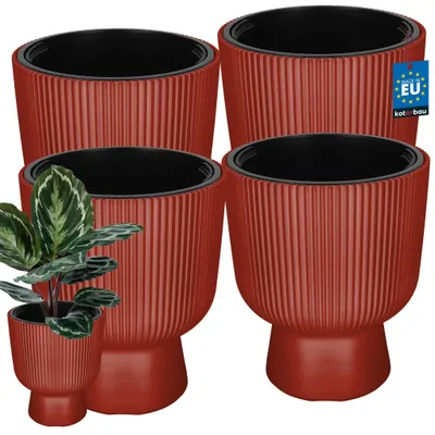 Image de KOTARBAU® : Lot de 4 pots de fleurs, diamètre 29 cm, pots pour orchidées, pots extérieurs avec pot intérieur, pots de fleurs avec socle, à motifs rainurés, en forme de calice, en plastique, de couleur cuivre