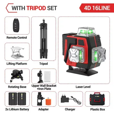 Immagine prodotto di Livella laser a linee incrociate - 4D 16 linee - Orizzontale e verticale a 360° - Autolivellante - Laser verde - Treppiede + valigetta in plastica - Batteria ricaricabile inclusa - Braun
