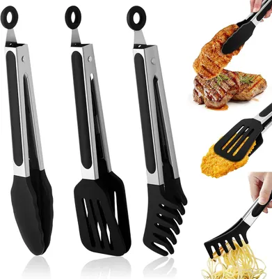 Imagen del producto de Juego de 3 pinzas de cocina, 27 cm, de acero inoxidable con puntas de silicona, resistentes al calor hasta 230°C, ideales para asar a la parrilla