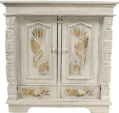 Produktbild von Schrank Kommode Sideboard Flurschrank Dielenschrank Telefonschrank Blumen Lotus 80 x 80 cm Weiß Braun