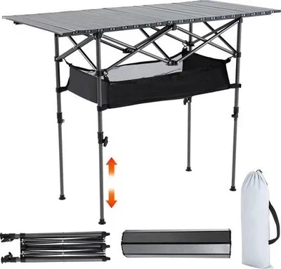 Obrázek produktu pro Přenosný piknikový stůl – 120 x 56 cm – úspora místa – výškově nastavitelný – hliník