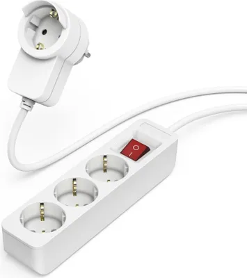 A white power strip with three outlets and a red on/off switch, connected to a white plug with an additional socket.