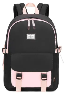 Productafbeelding van Rugzak voor meisjes en tieners, zwart met roze, 31x42x14,5 cm, waterdicht polyester