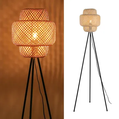 Image de Lampadaire à trois pieds EDDA avec abat-jour en rotin naturel – E27, style nordique-bohème