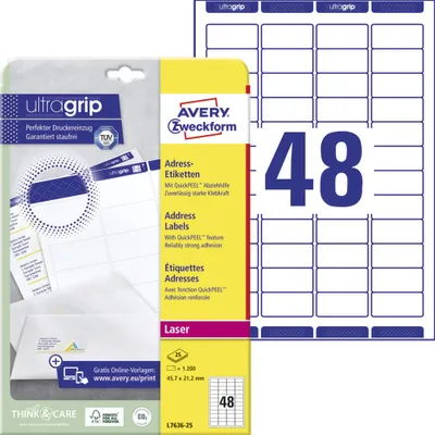 Produktbild von Avery Zweckform L7636-25 Adress-Etiketten, A4 mit ultragrip, 45,7 x 21,2 mm, 25 Bogen/1.200 Etiketten, weiß