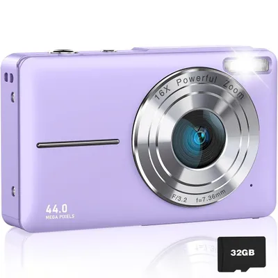 Image de AIORBER Appareil photo numérique 44MP Compact avec zoom 16X, écran 2,4", flash, anti-tremblement, carte mémoire 32 Go, facile à utiliser, Violet