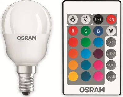 A white Osram LED light bulb and a remote control with various color and function buttons are displayed side-by-side on a white background.