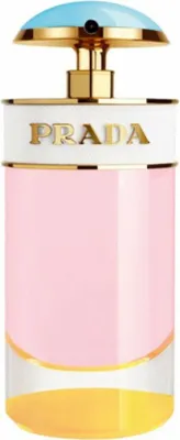 A perfume bottle with a pink body, white band with 'PRADA' logo, and a blue cap.
