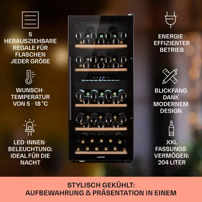 Produktbild von Klarstein Weinkühlschrank, Getränkekühlschrank Schmal, 2 Zonen Kühlschrank mit Glastür, Getränkekühlschränke Freistehend, Weinkühlschrank Klein, Weinkühlschränke mit UV-Schutz, 5-18°C, 91 Flaschen