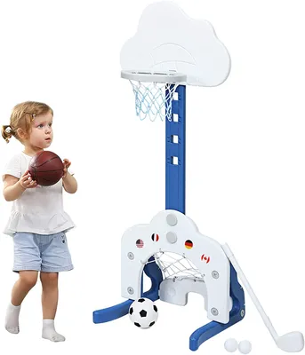 Produktbild von GOPLUS 3-in-1 Kinder Spielplatz, Basketballkorb & Fußballtor & Golfspiel, Höhenverstellbarer Basketballständer, inkl. Basketball, Fußball & Golfball, Junge (Wolke, weiß)