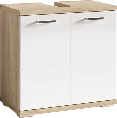 Produktbild von byLIVING Waschbeckenunterschrank Nebraska, Breite 60 cm, Badezimmerschrank mit weißen Türen, Korpus in Eichen-Optik