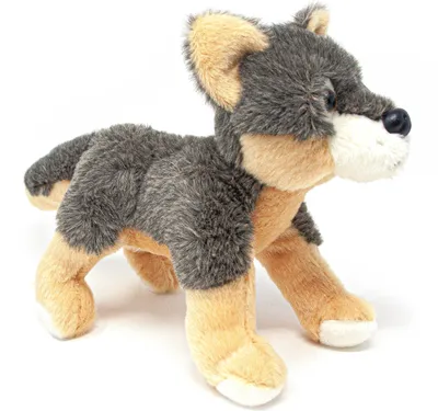 A plush toy wolf standing on a white background.