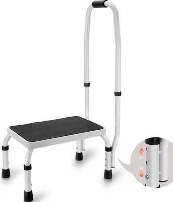 Immagine prodotto di Sgabello a 1 gradino, portata 150 kg, regolabile in altezza in 3 posizioni con maniglia, scala a gradini in acciaio, sgabello portatile per bambini piccoli per adulti, antiscivolo, scala a gradini stabile per uffici