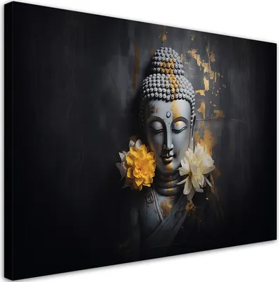 Obrázok produktu pre Obraz na plátne Sivý Budha a kvety 90x60 Feeby Čierna obraz na stenu pripravené na zavesenie