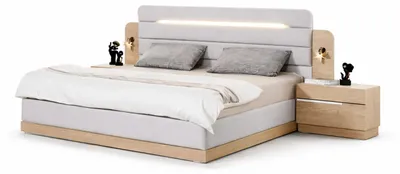 Image de Ensemble de chambre à coucher blanc, comprenant un lit design rembourré, un éclairage LED et 3 pièces