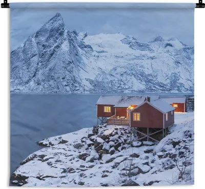 Produktbild von MuchoWow® Wandteppich Wandbehang Hütten auf den Lofoten 60x60 cm Tapisserie Dekoration Wandtuch - Dekorationen - Wand Decke