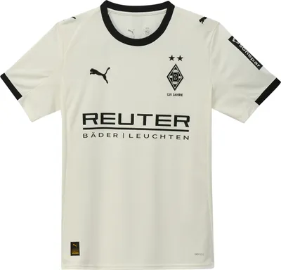 A white Puma kids' soccer jersey with black trim and logos.