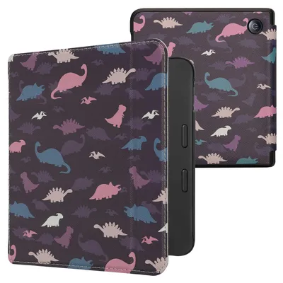 Produktbild von kwmobile Schutzhülle für Kobo Libra 2 Hülle - eReader Flip Case mit Auto Sleep Funktion - Bunte Dinos mit Violett Gelb Blau