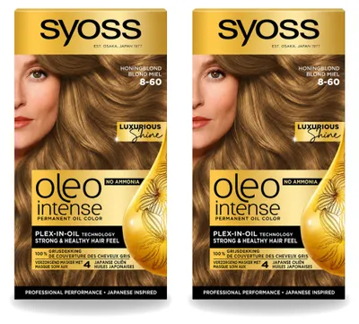 Imagen del producto de 2 unidades de SYOSS Oleo Intense 8-60, coloración permanente para el cabello sin amoníaco, tono rubio miel. Paquete económico