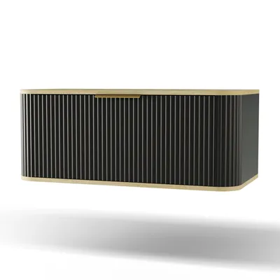 Produktbild von Waschbeckenunterschrank RIVELA mit schublade 80 x 40 x 46 cm, geriffelte Fronten Schwarz Eiche Cremona Badezimmer Softclose Badmöbel mit goldene Griffen