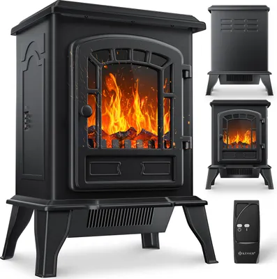 A collage of images showing an electric fireplace from different angles, including a close-up of the flame effect and a remote control.