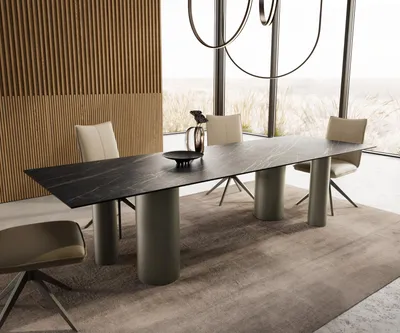 Produktbild von DELIFE Esstisch Edge 300x100 Keramik Laminam®Noir Desir Braun Pilier Metall Effektfinish Titan