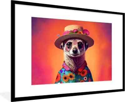 Produktbild von MuchoWow® Gerahmtes Poster Erdmännchen - Blumen - Hut - Tiere - Porträt 90x60 cm - Poster mit Schwarzem Bilderrahmen Wandposter Rahmen Foto Bilder - Wanddekoration - Fotos