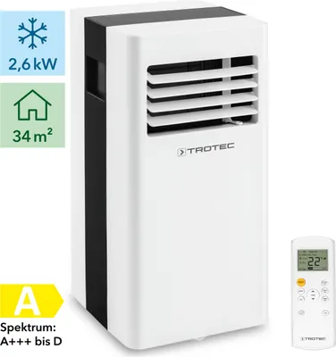 A white portable air conditioner unit with a remote control and informational graphics on the left.