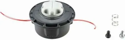 A string trimmer head and some small accessories are laid out on a white background.