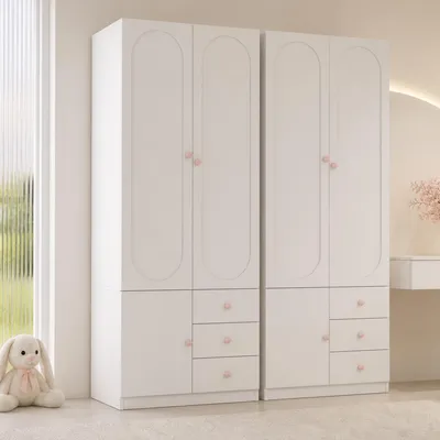 Productafbeelding van MODFU Kinderkast voor kleding, 80x50x200 cm, opbergkast met 2 deuren en 3 lades, hoge kast met verstelbare legplanken, wit + roze (2-delige set)