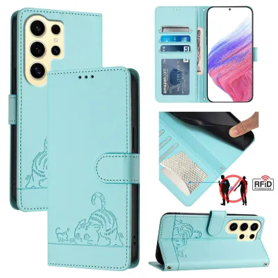 Image de Etui en cuir pour Samsung Galaxy S24 Ultra, étui à rabat avec fonction stand et portefeuille vert clair