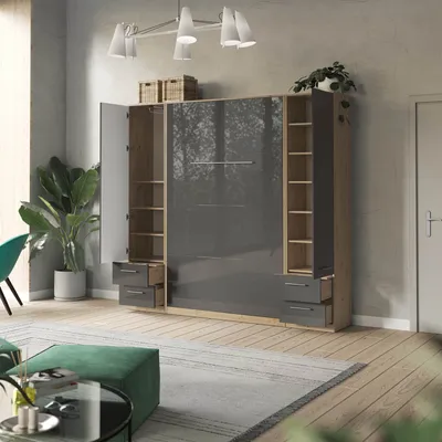Produktbild von SMARTBett Wohnwand  Set mit Schrankbett Standard 140x200 Vertikal + 2 x 50-Schränke Wildeiche/Anthrazit Hochglanz