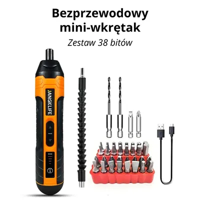 Zdjęcie produktu dla Bezprzewodowy mini-wkrętak 3,6 V – akumulator Li-Ion 1300 mAh, 4 biegi, szybkie ładowanie USB, światło LED, zestaw 38 bitów