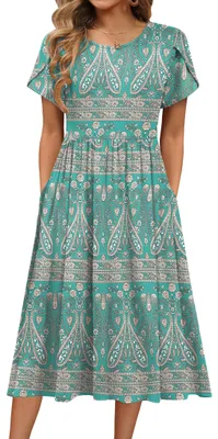 Produktbild von Eleganter Midikleid - Kurze Ärmel - Lässiges Sommerkleid - Schwingkleid mit Taschen - Rundhalsausschnitt - Atmungsaktiv und dehnbar