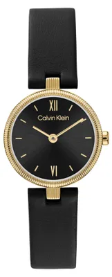 Obrázek produktu pro Hodinky Calvin Klein Gleam pro ženy, analogové, s povrchem zlaceným iontovou úpravou, s černým koženým řemínkem